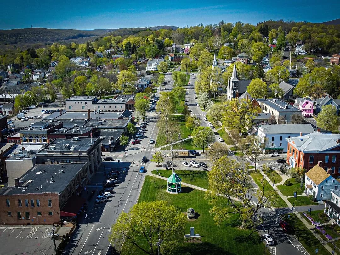 Aerial view of the New Milford town green and steeples