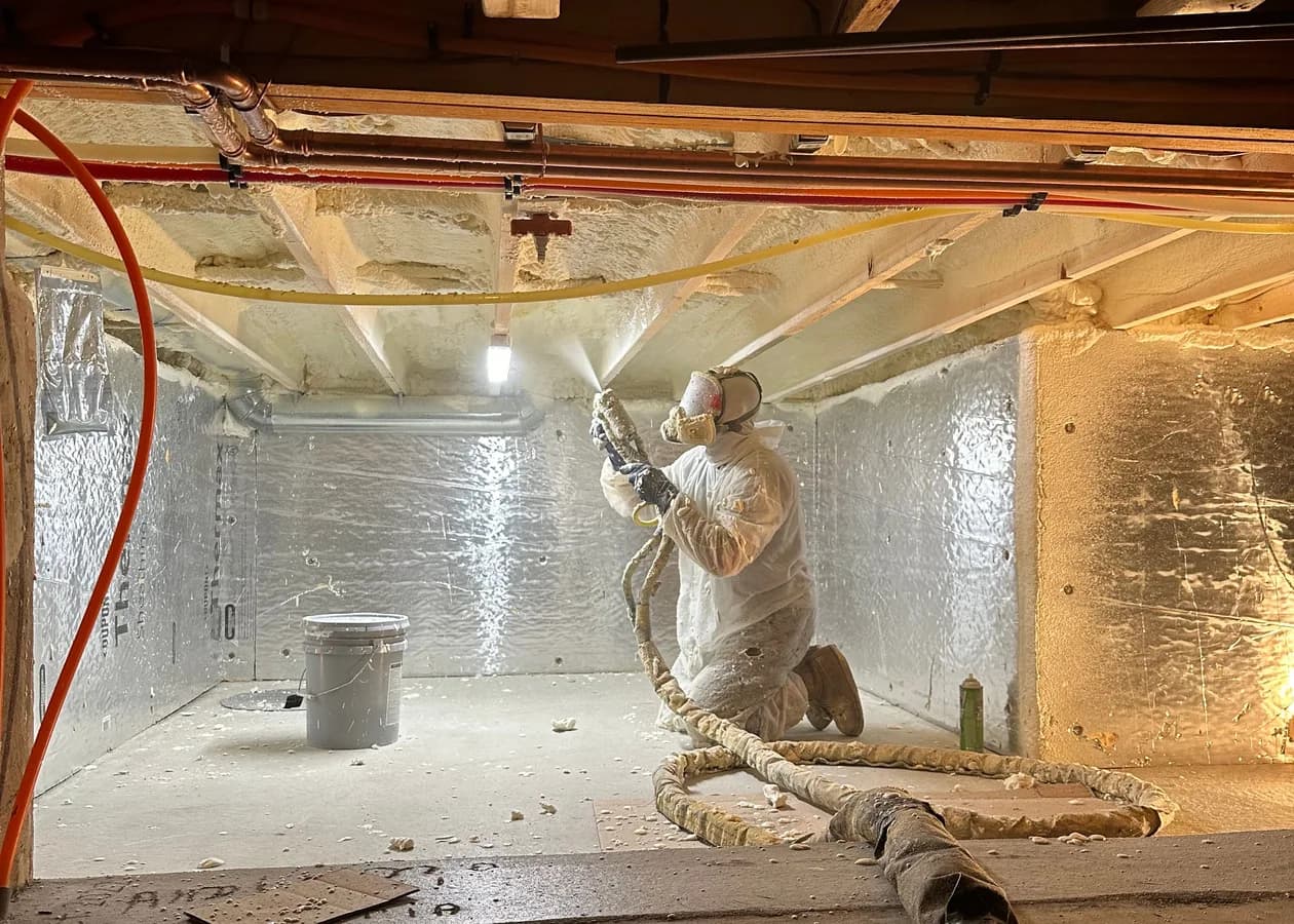 Closed-cell spray foam being applied to the underside of a floor inside a crawl space