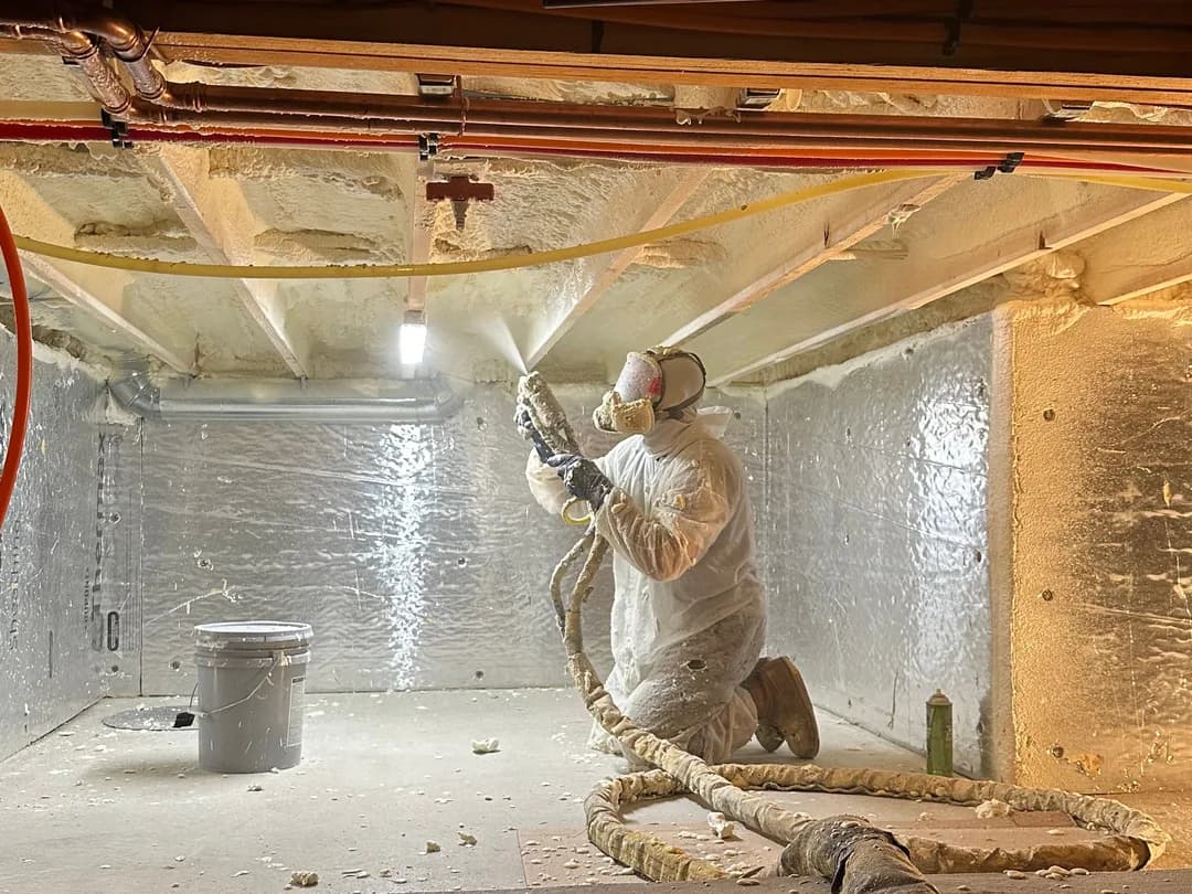 A technician kneeling in a crawl space, spraying closed-cell foam onto the floor framing above