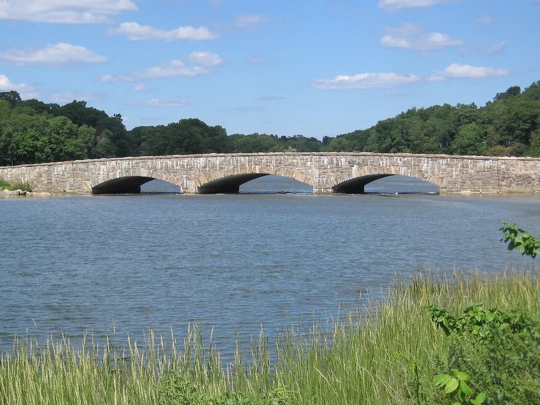 The stone arch bridge over Gorham's Pond in Darien, Connecticut
