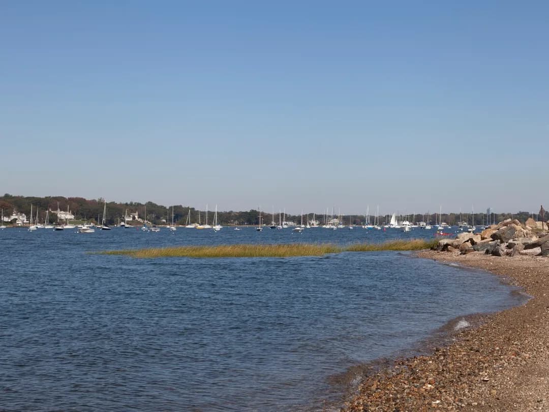Sailboats moored off Greenwich Point Park on Long Island Sound in Greenwich, Connecticut