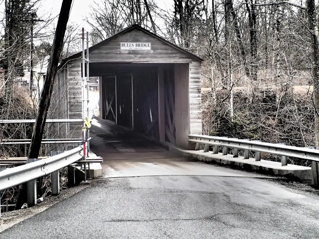 The historic Bulls Bridge covered bridge in Kent, Connecticut