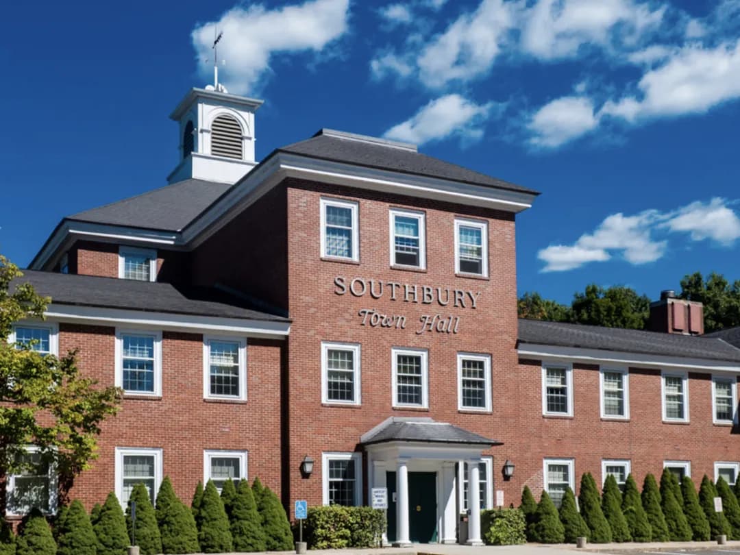 Southbury Town Hall under a blue Connecticut sky